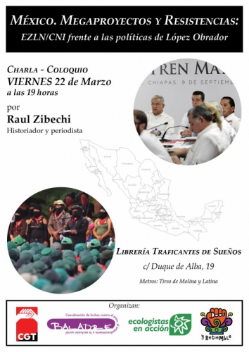 Cartel anunciador charla Raúl Zibechi en la librería Traficantes d eLibros de Madrid